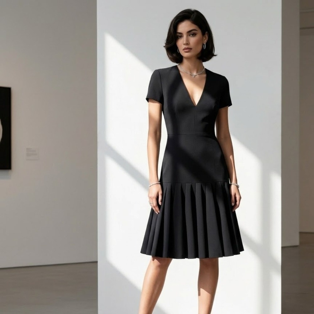 N21 Dress Black Designer Pleated Drop Waist Dress V-Neck IT 38 US 2
